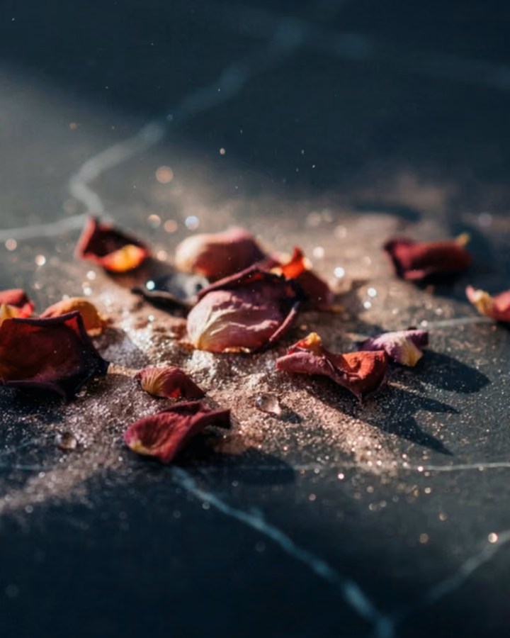 Cosmetic pigment and rose petals on dark marble in a shaft of dawn light — the opening shot of the journey this site follows.